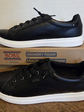 BOBS from Skechers Women's 9.5 Black Casual Lace-Up Sneaker with White Sole NIB